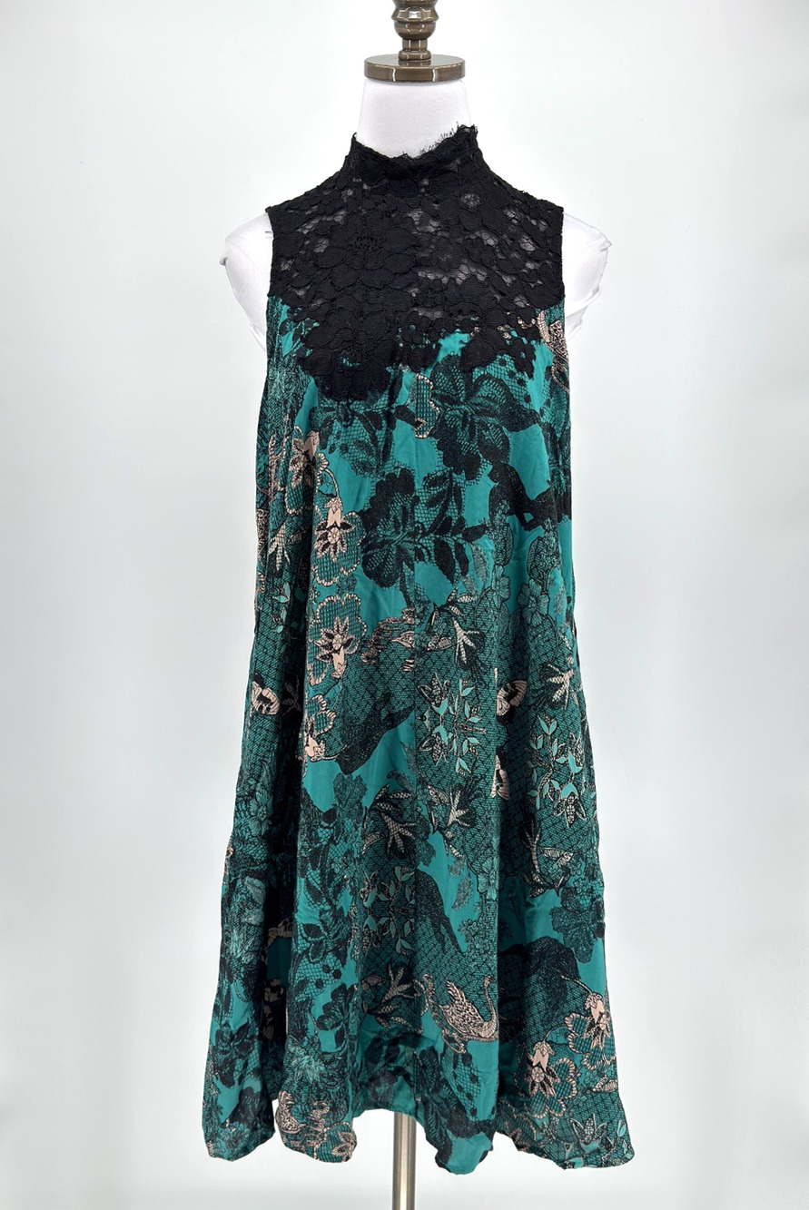 Maeve Anthropologie Butterfly Teal Lace High Neck Sleeveless Swing Dress Sz S